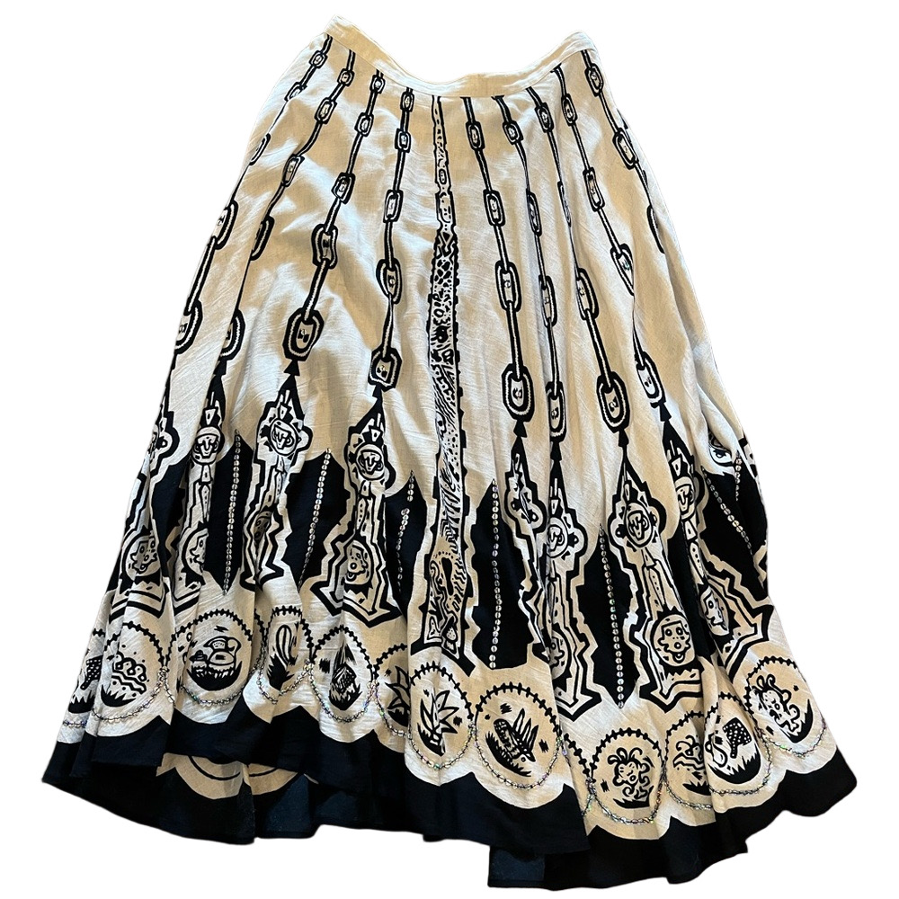 It’s A New Vision Size M boho linen maxi full skirt black floral design sequins